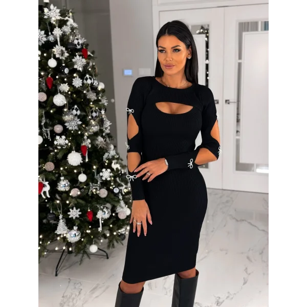 Kadın Dekolte Detaylı cuba Dalgıç Kumaş Taş Aksesuarli Elbise