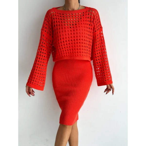 Kadın Delikli Kazak Askılı Elbise Triko Kumaş Ikili Takım