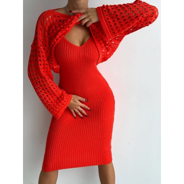 Kadın Delikli Kazak Askılı Elbise Triko Kumaş Ikili Takım