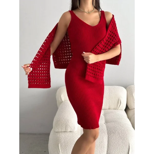 Kadın Delikli Kazak Askılı Elbise Triko Kumaş Ikili Takım