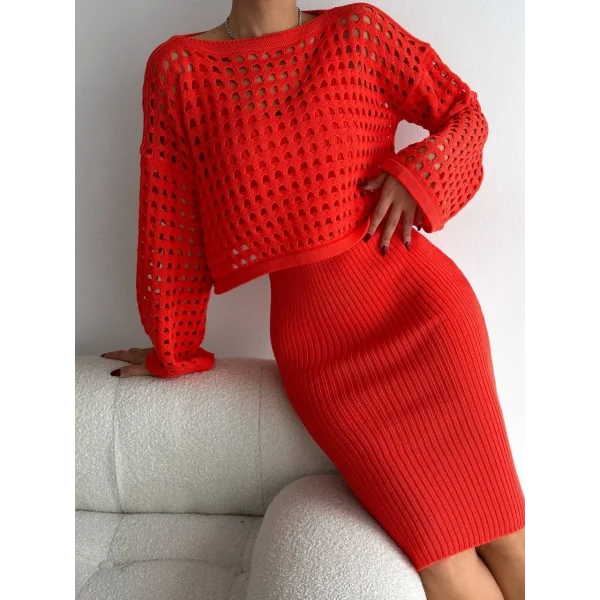 Kadın Delikli Kazak Askılı Elbise Triko Kumaş Ikili Takım