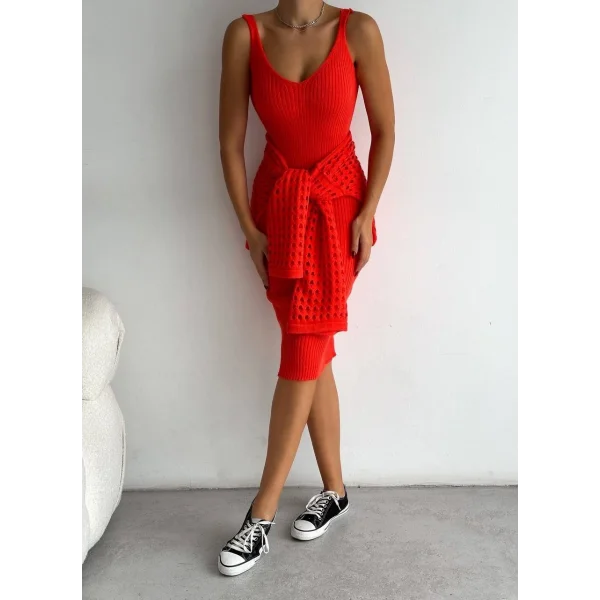 Kadın Delikli Kazak Askılı Elbise Triko Kumaş Ikili Takım