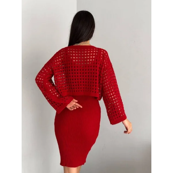 Kadın Delikli Kazak Askılı Elbise Triko Kumaş Ikili Takım