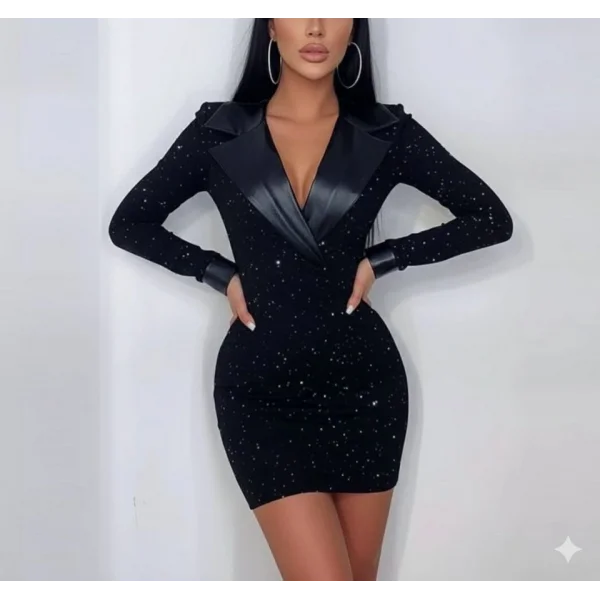 Kadın Deri Detaylı Manşet Yaka Simli Fukara Kumaş Mini Elbise