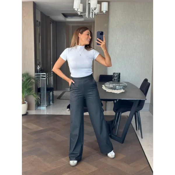 Kadın Deri Kumaş Yüksek Bel Içi şardonlu ikralı Palazzo Deri Pantolon