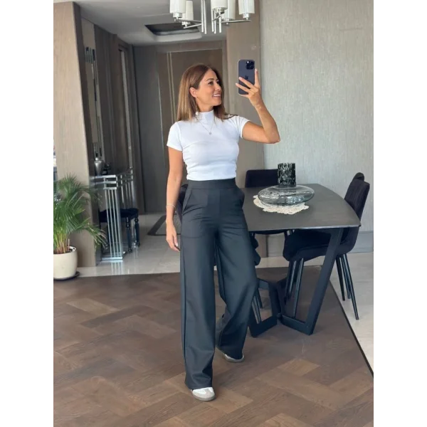 Kadın Deri Kumaş Yüksek Bel Içi şardonlu ikralı Palazzo Deri Pantolon