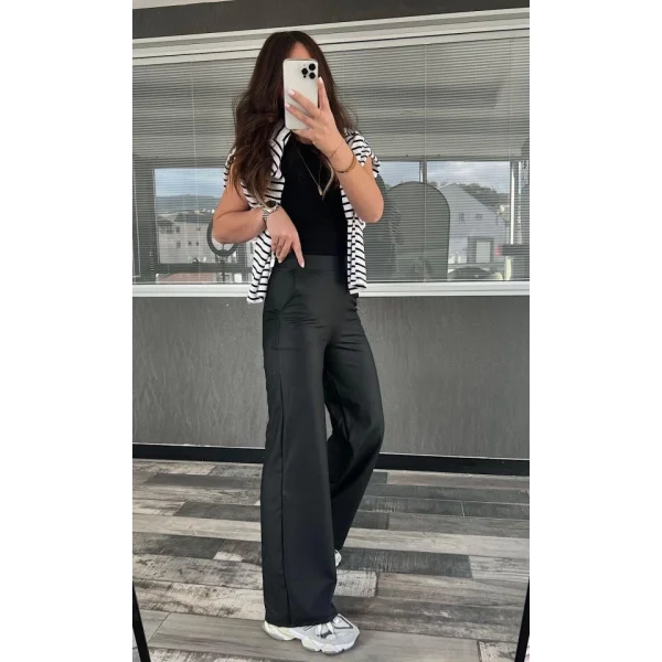 Kadın Deri Kumaş Yüksek Bel Içi şardonlu ikralı Palazzo Deri Pantolon