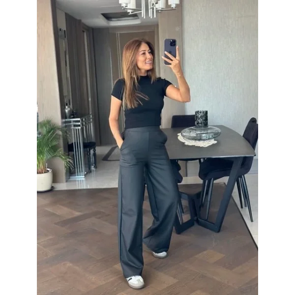 Kadın Deri Kumaş Yüksek Bel Içi şardonlu Likralı Palazzo Deri Pantolon