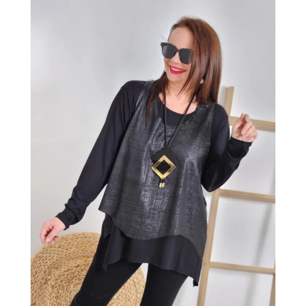 Kadın Deri Yelek Bluz Ve Kolye 3lü Takım