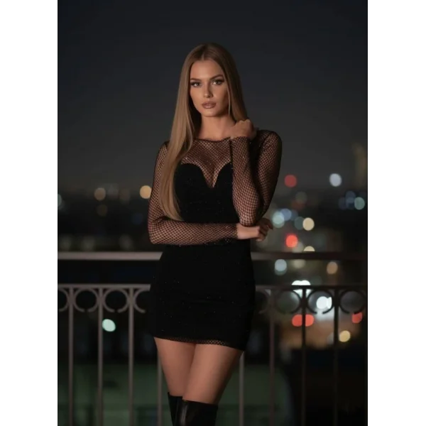 Kadın Derin V Dekolteli Simli Transparan Detay Mini Elbise