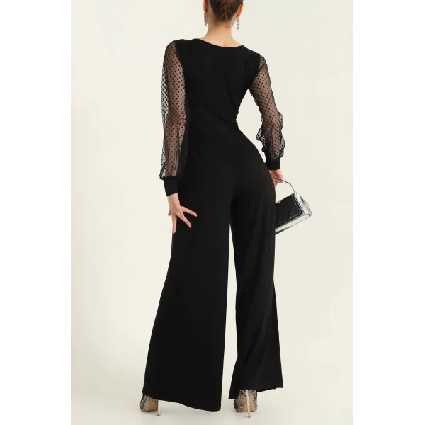 Kadın Derin V Yaka Kolları Puantiyeli Tül Detay Ispanyol Paça Tulum