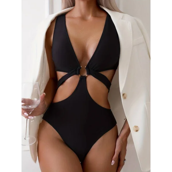 Kadın Derin V Yakalı çapraz Kesim çentikli Toka Detay Tek Parça Dalgıç Mayo