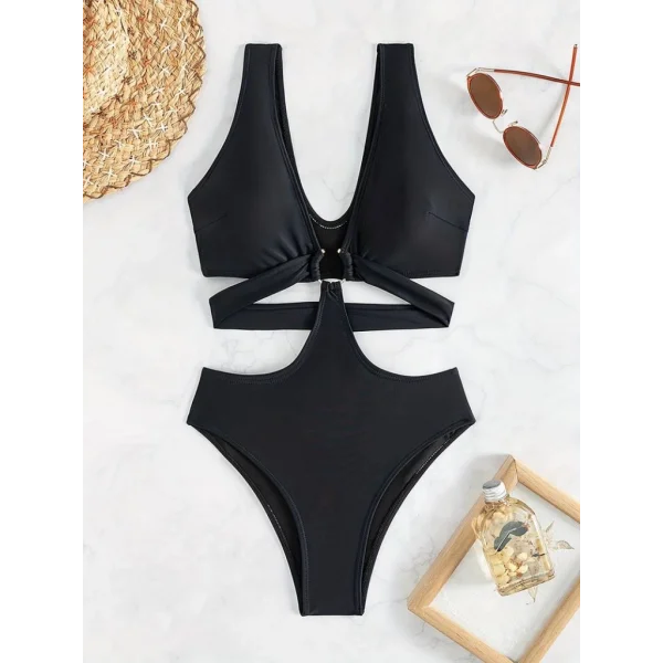 Kadın Derin V Yakalı çapraz Kesim çentikli Toka Detay Tek Parça Dalgıç Mayo