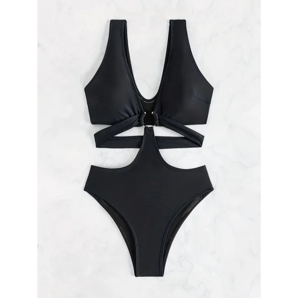 Kadın Derin V Yakalı çapraz Kesim çentikli Toka Detay Tek Parça Dalgıç Mayo