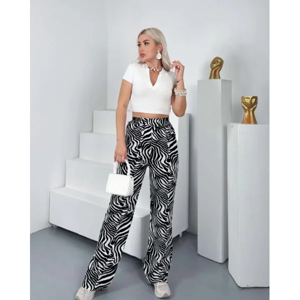 Kadın Desenli Dokuma Viskon Kumaş Cepli Bol Paça Pantolon