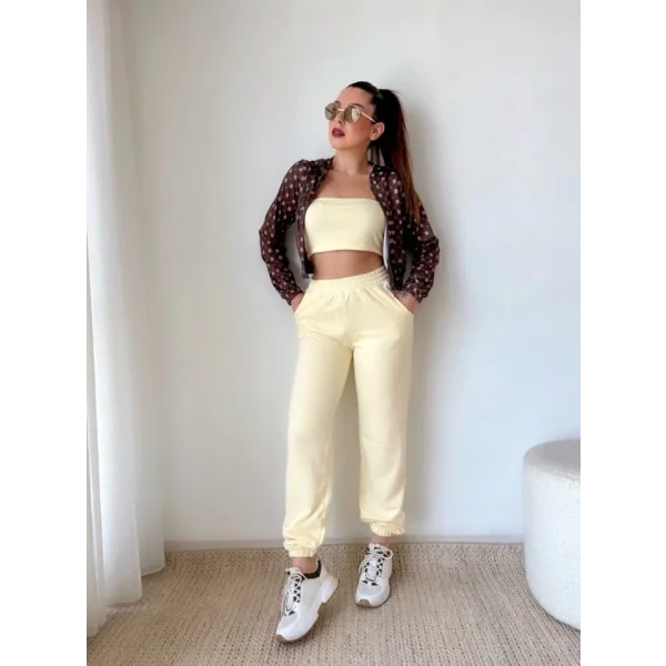 Kadın Desenli Hırka , Crop Ve Eşofman Altı üçlü Takım