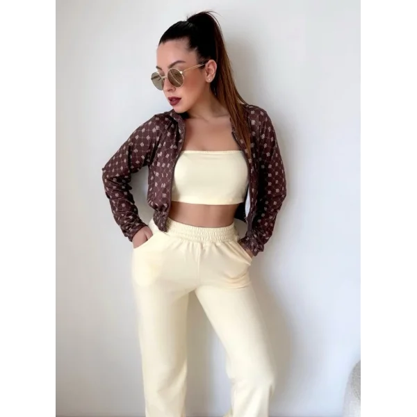 Kadın Desenli Hırka , Crop Ve Eşofman Altı üçlü Takım
