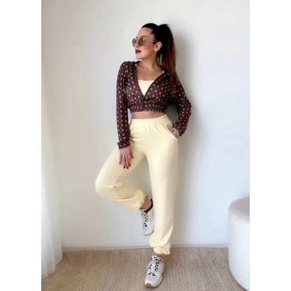 Kadın Desenli Hırka , Crop Ve Eşofman Altı üçlü Takım