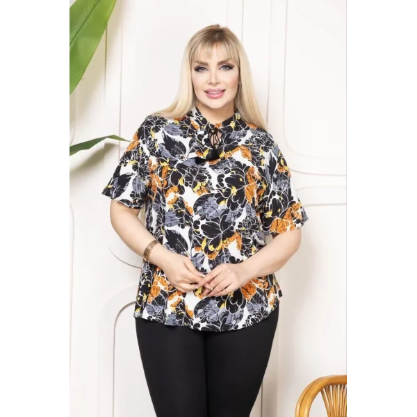 Kadın Desenli Püsküllü Viskon Bluz Bebe Yaka Kısa Kollu Big Size Rahat Kesim - Desenli