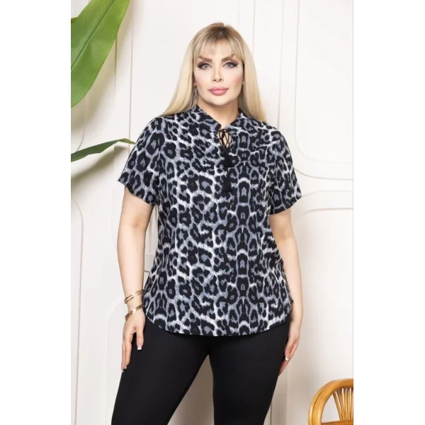 Kadın Desenli Püsküllü Viskon Bluz Bebe Yaka Kısa Kollu Big Size Rahat Kesim - Desenli