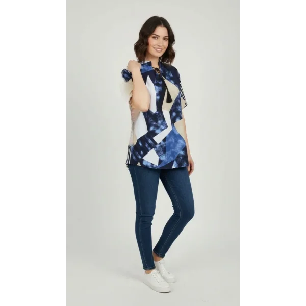Kadın Desenli Püsküllü Viskon Bluz Bebe Yaka Kısa Kollu Big Size Rahat Kesim - Desenli