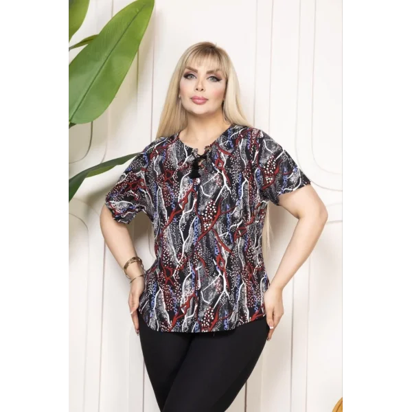 Kadın Desenli Püsküllü Viskon Bluz Bebe Yaka Kısa Kollu Big Size Rahat Kesim - Desenli