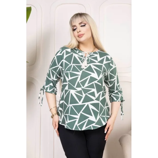 Kadın Desenli Püsküllü Viskon Bluz Bebe Yaka Kısa Kollu Big Size Rahat Kesim - Desenli