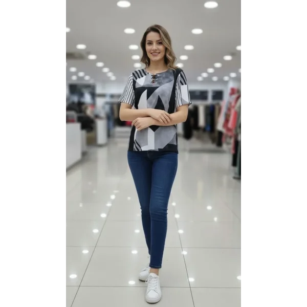 Kadın Desenli Püsküllü Viskon Bluz Bebe Yaka Kısa Kollu Big Size Rahat Kesim - Desenli