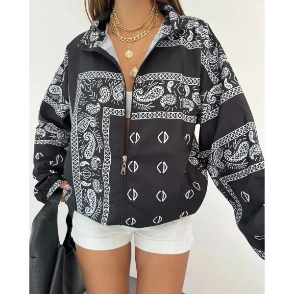 Kadın Dijital Baskılı Paraşüt Kumaş Rüzgarlık - Siyah