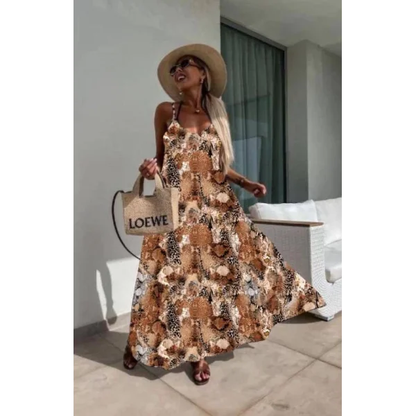 Kadın Dijital Baskılı Suprem Kumaş Askılı Maxi Boy Elbise