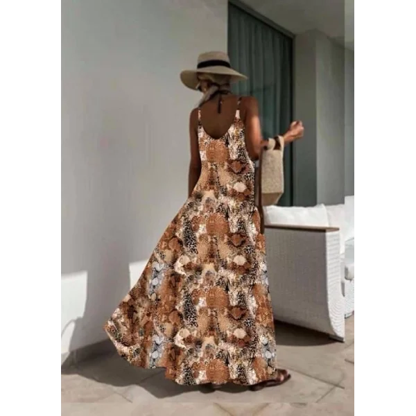 Kadın Dijital Baskılı Suprem Kumaş Askılı Maxi Boy Elbise