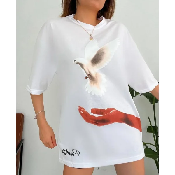 Kadın Dijital Baskılı T-Shirt - Beyaz