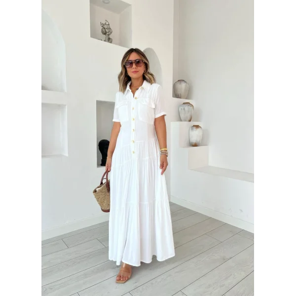 Kadın Dokuma Kumaş Cep Detaylı Maxi Boy Gömlek Elbise