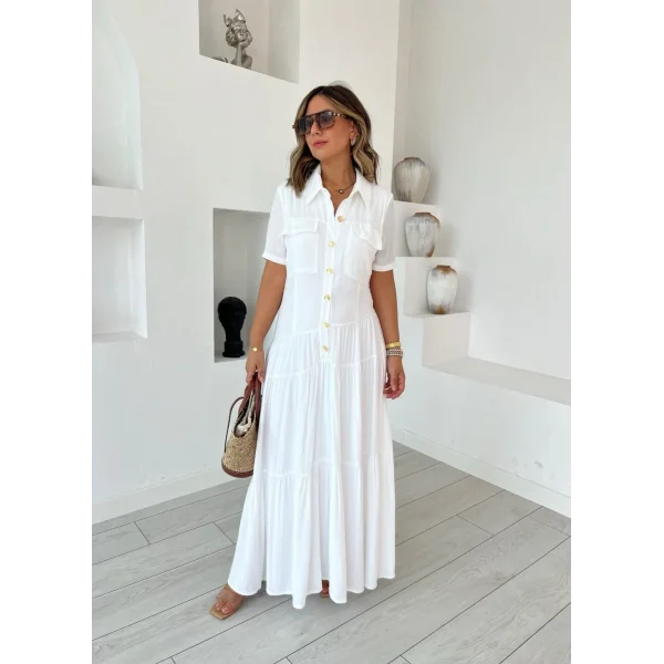 Kadın Dokuma Kumaş Cep Detaylı Maxi Boy Gömlek Elbise