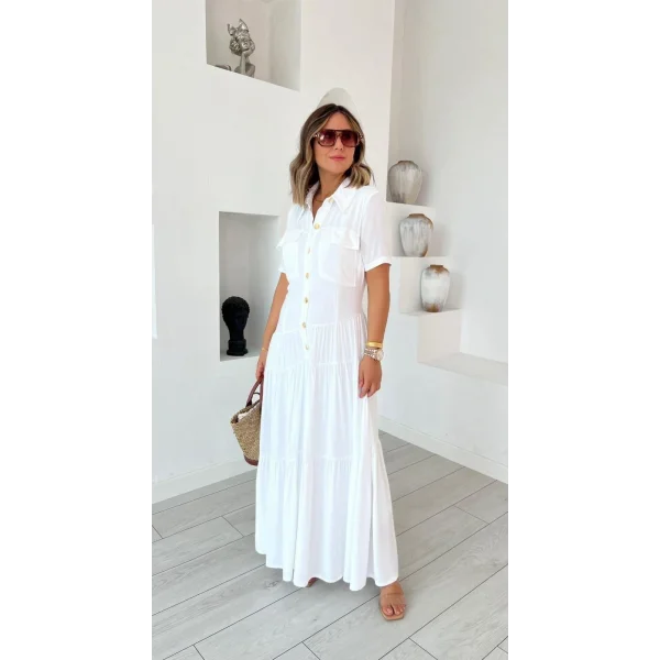 Kadın Dokuma Kumaş Cep Detaylı Maxi Boy Gömlek Elbise