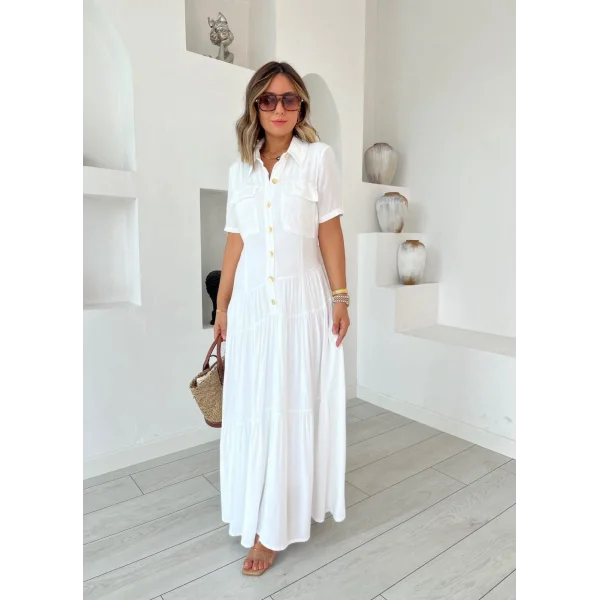 Kadın Dokuma Kumaş Cep Detaylı Maxi Boy Gömlek Elbise