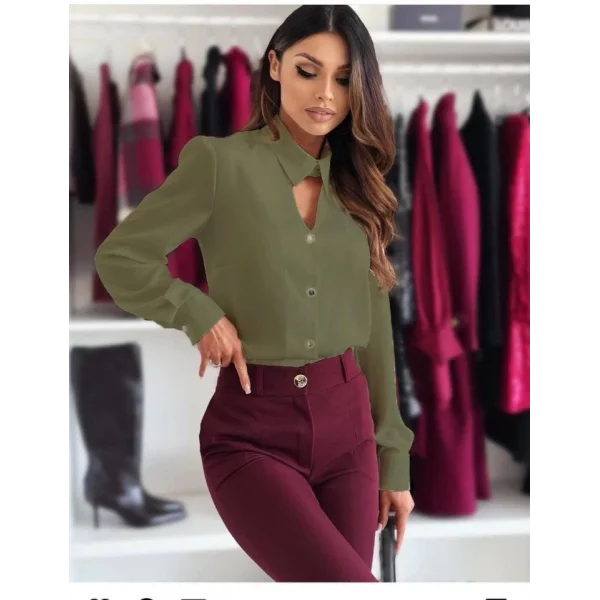 Kadın Dokuma Viskon Kumaş V Yaka Dekolte Ve Metal Düğme Detaylı Gömlek