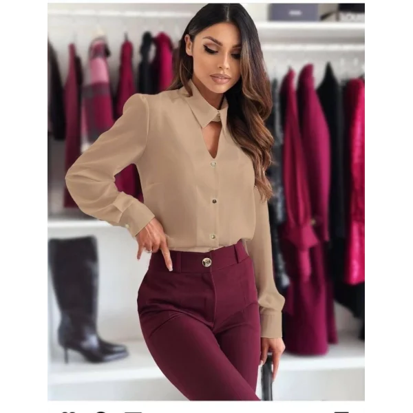 Kadın Dokuma Viskon Kumaş V Yaka Dekolte Ve Metal Düğme Detaylı Gömlek