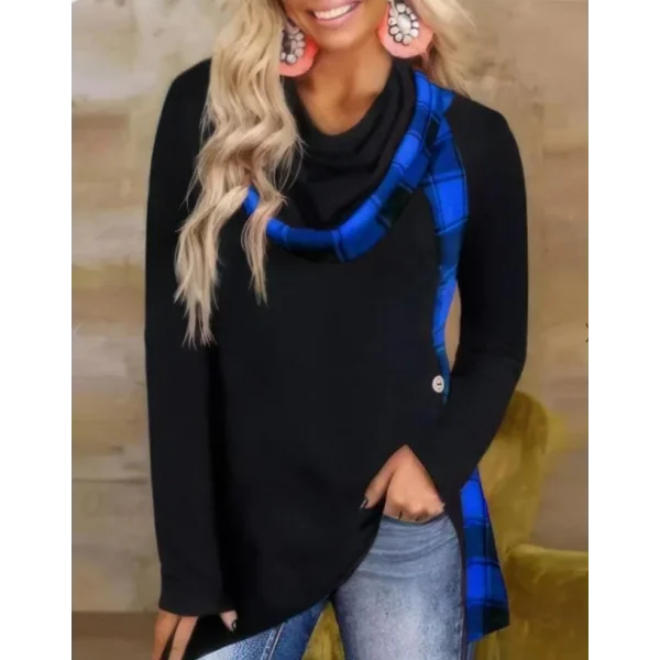 Kadın Dökümlü Yaka Ekose Detay Asimetrik Kesim Tunik