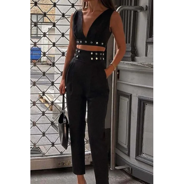 Kadın Double Krep Kumaş Düğme Aksesuar Detaylı Takım