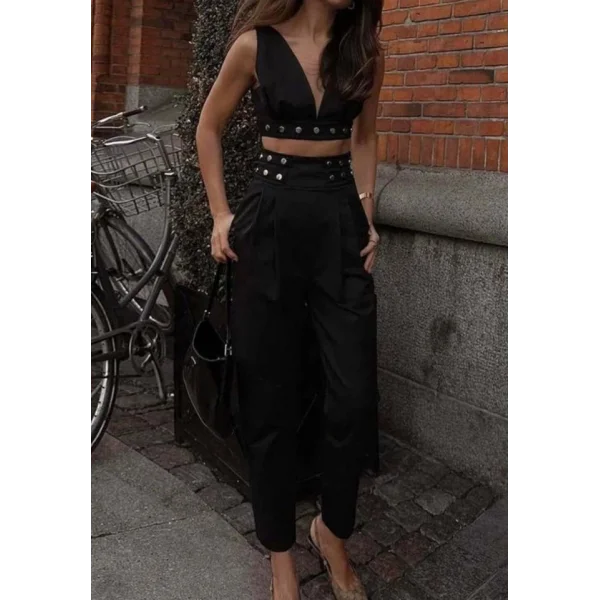 Kadın Double Krep Kumaş Düğme Aksesuar Detaylı Takım