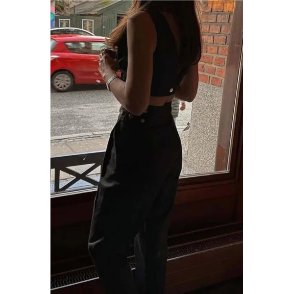 Kadın Double Krep Kumaş Düğme Aksesuar Detaylı Takım