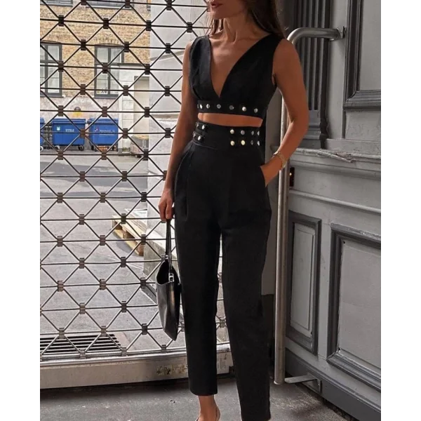 Kadın Double Krep Kumaş Düğme Aksesuar Detaylı Takım