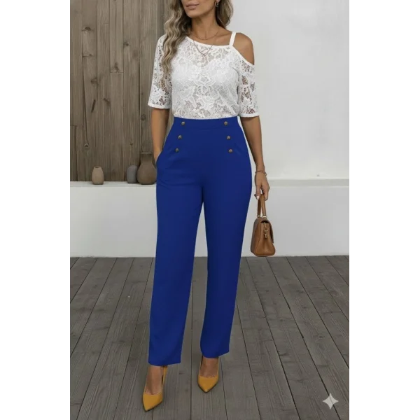 Kadın Düğme Detay Bol Paça Ithal Krep Pantolon