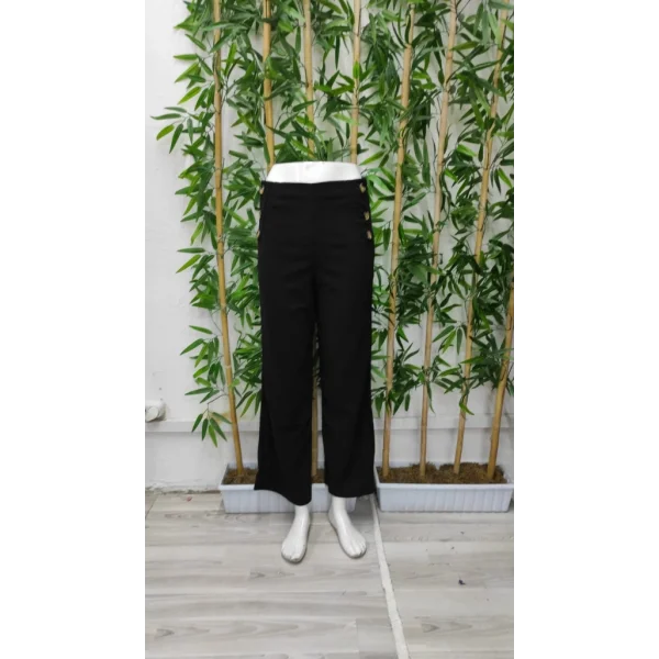 Kadın Düğme Detay Bol Paça Ithal Krep Pantolon