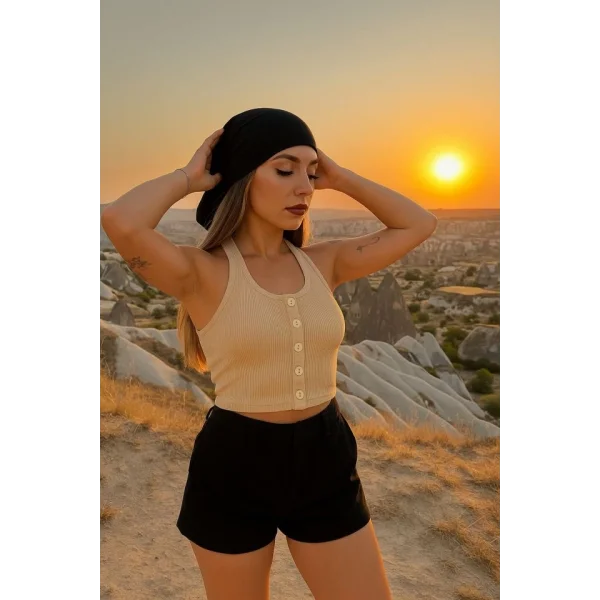 Kadın Düğme Detay Kaşkorse Kumaş Atlet