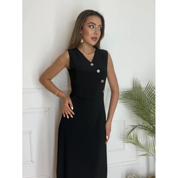 Kadın Düğme Detay Kolsuz Maxi Boy Elbise