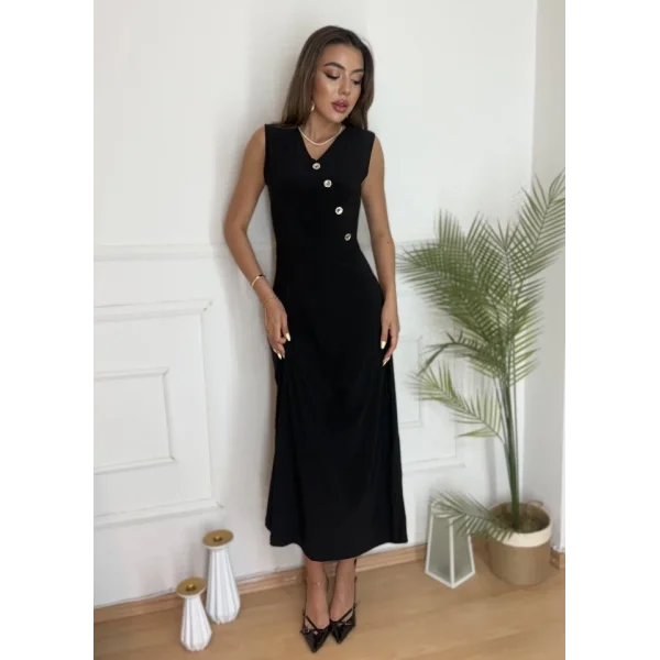 Kadın Düğme Detay Kolsuz Maxi Boy Elbise