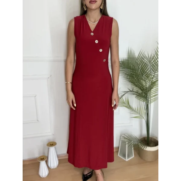 Kadın Düğme Detay Kolsuz Maxi Boy Elbise