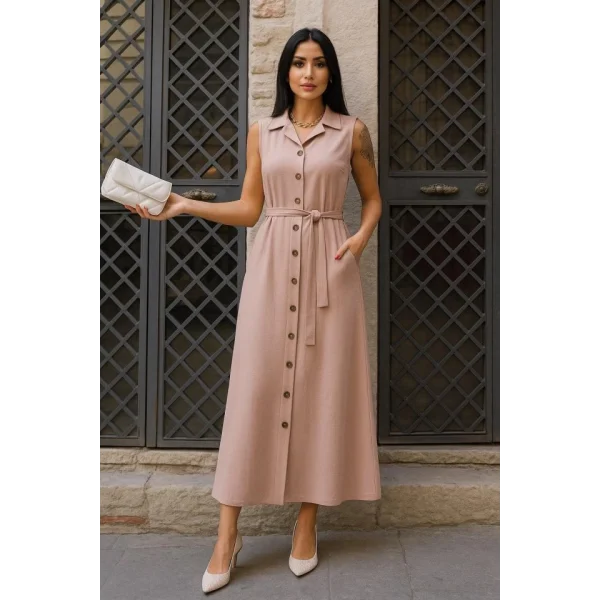 Kadın Düğme Detay Kuşak Dahil Elbise
